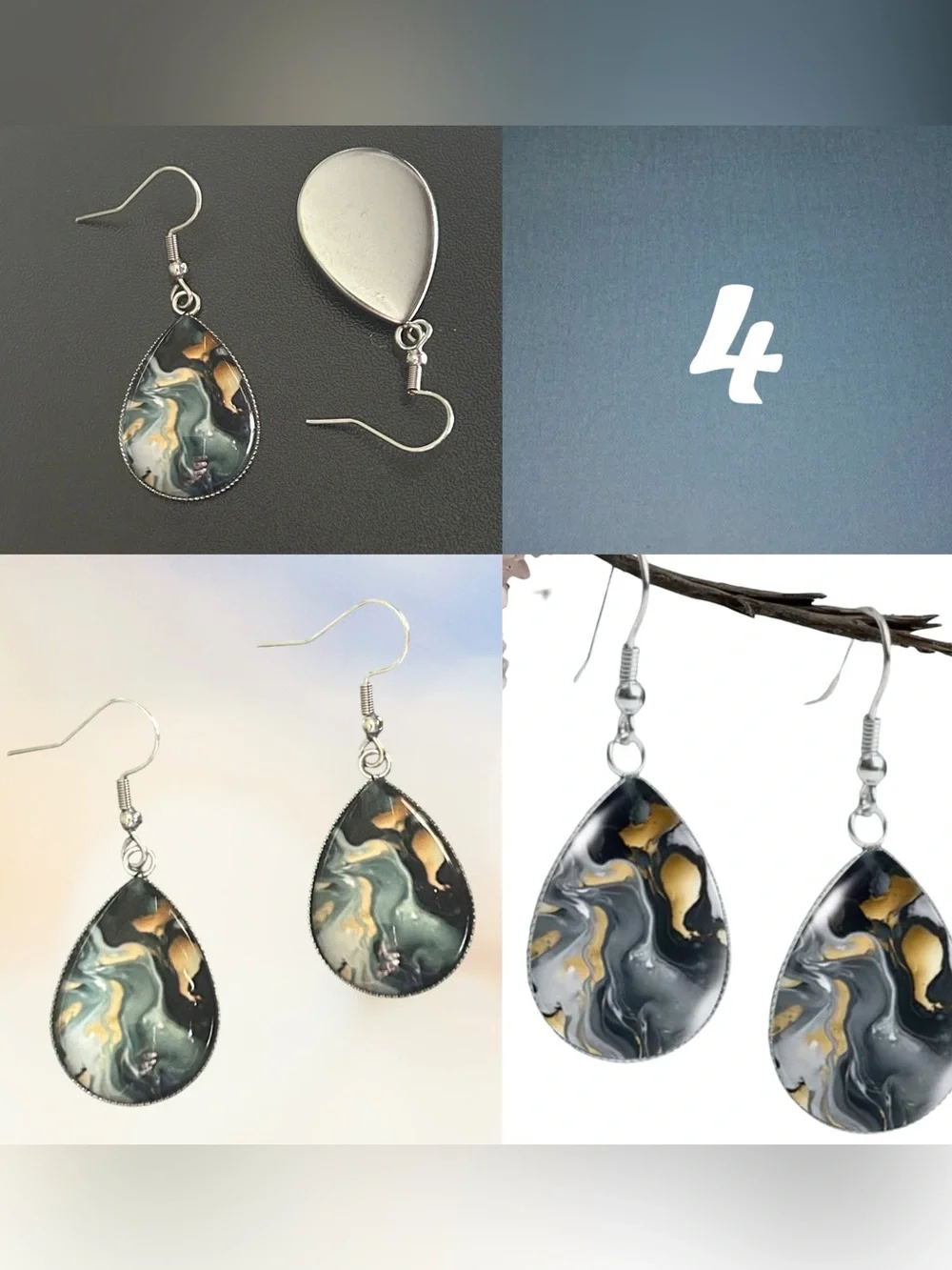 Glass Dome Teardrop Dangle Earrings Floral & Abstract Watercolor Cabochon Design
